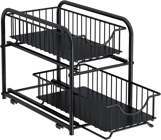 Pull-Out Cabinet Organizer, Stackable 2-Tier under Sink Rack, with Sliding Storage Drawer for Pantry, and Desktop, for Bathroom, Kitchen, Office, Black